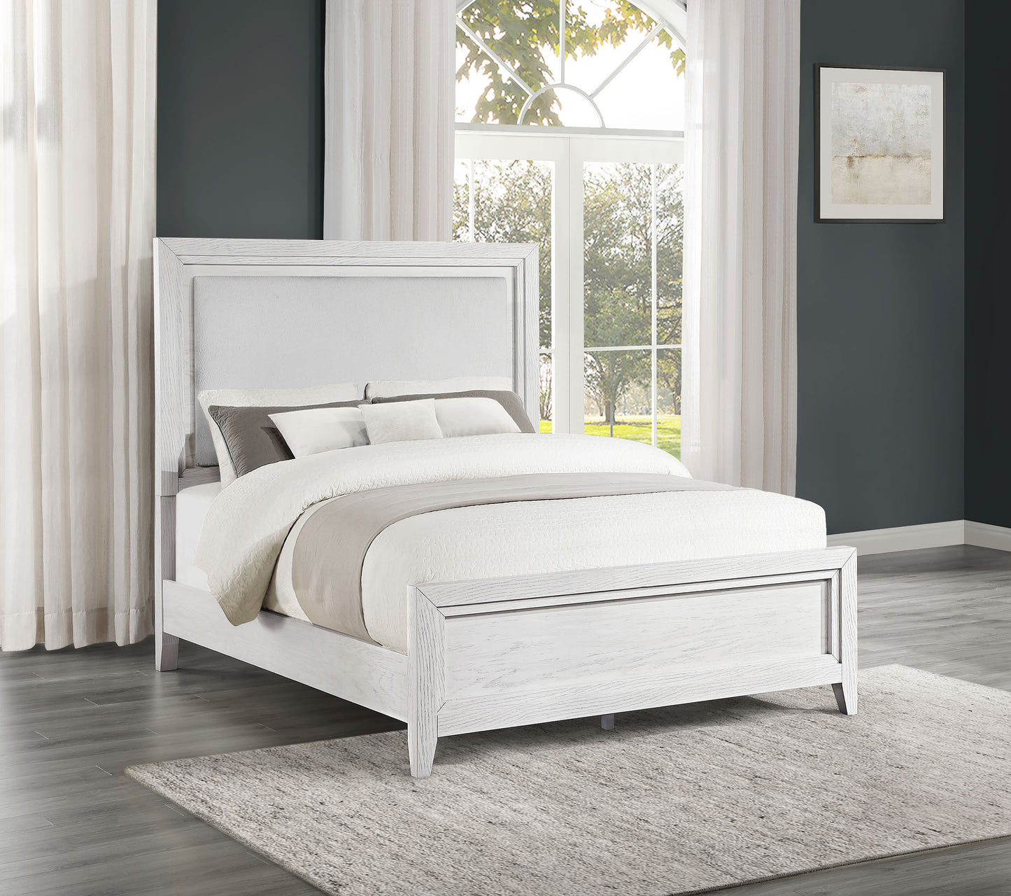 Marielle Eastern King Upholstered Panel Bed Distressed White