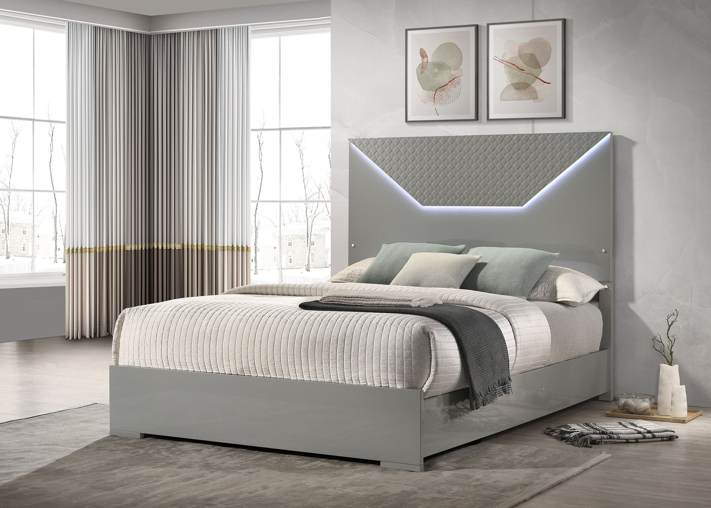 Ives Eastern King Panel Bed LED Headboard Grey High Gloss