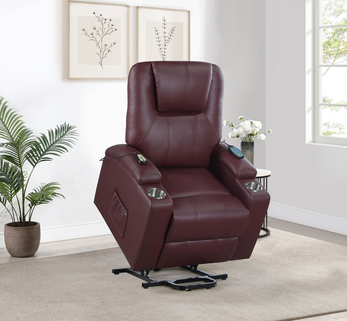 Armstrong Upholstered Power Lift Massage Recliner Wine