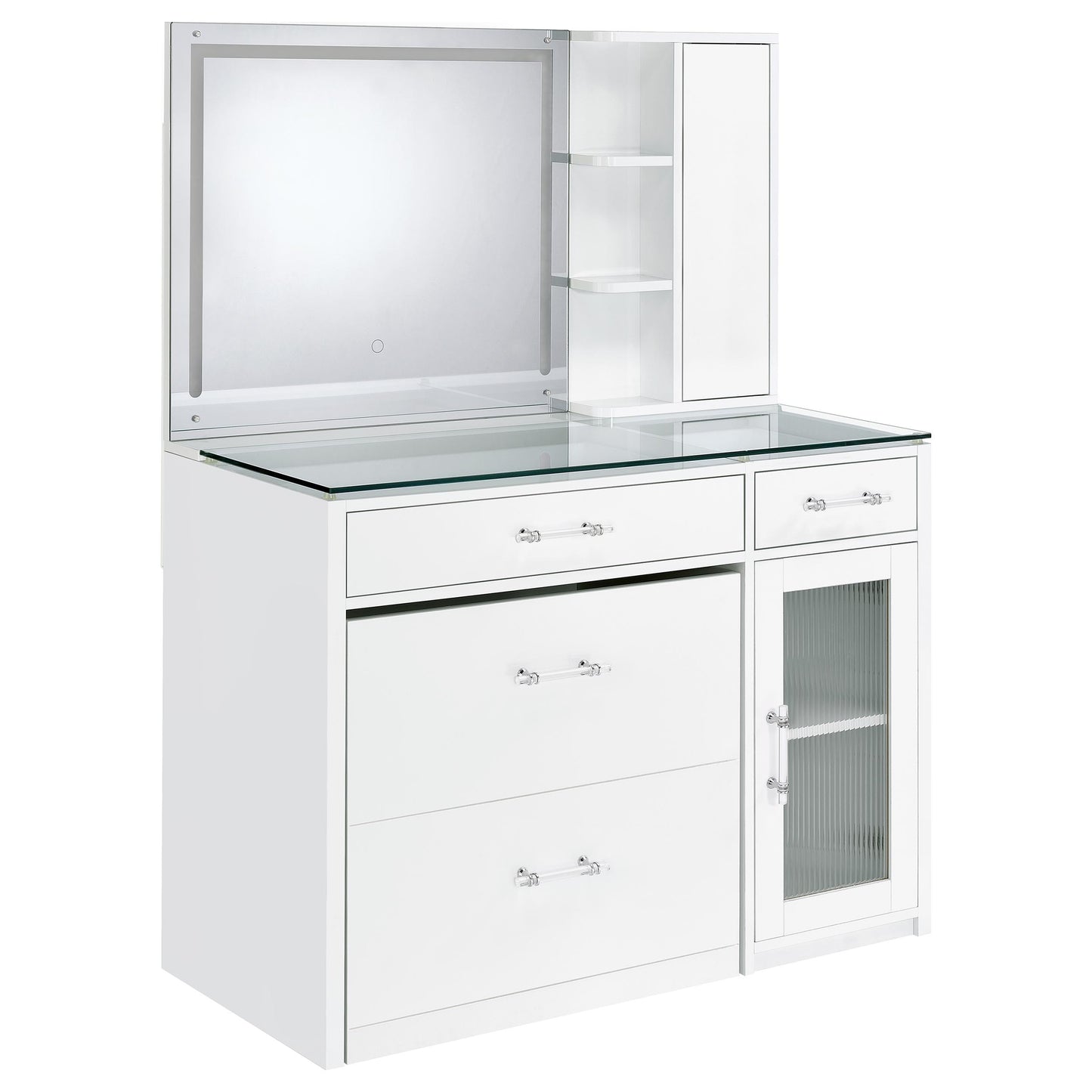 Flora 2-drawer Vanity Table Set LED Mirror and Stool White High Gloss