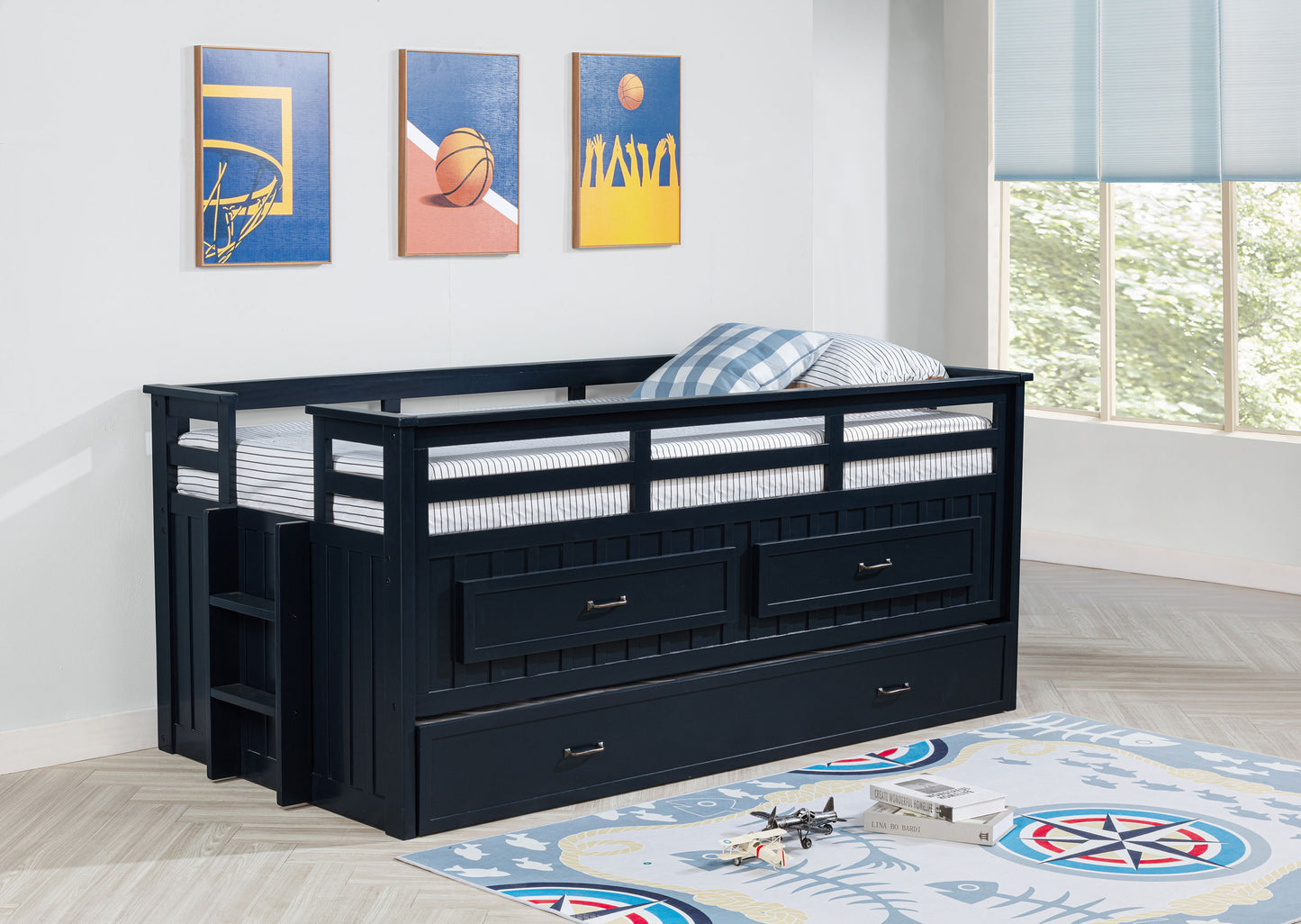 Carlsbad Wood Twin Captains Bed With Trundle Navy Blue