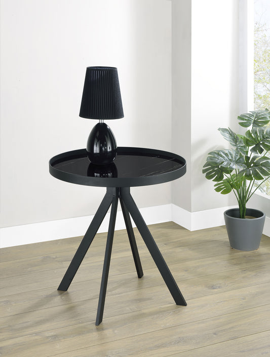 Briggs Round Marble Printed Glass Top End Table Black