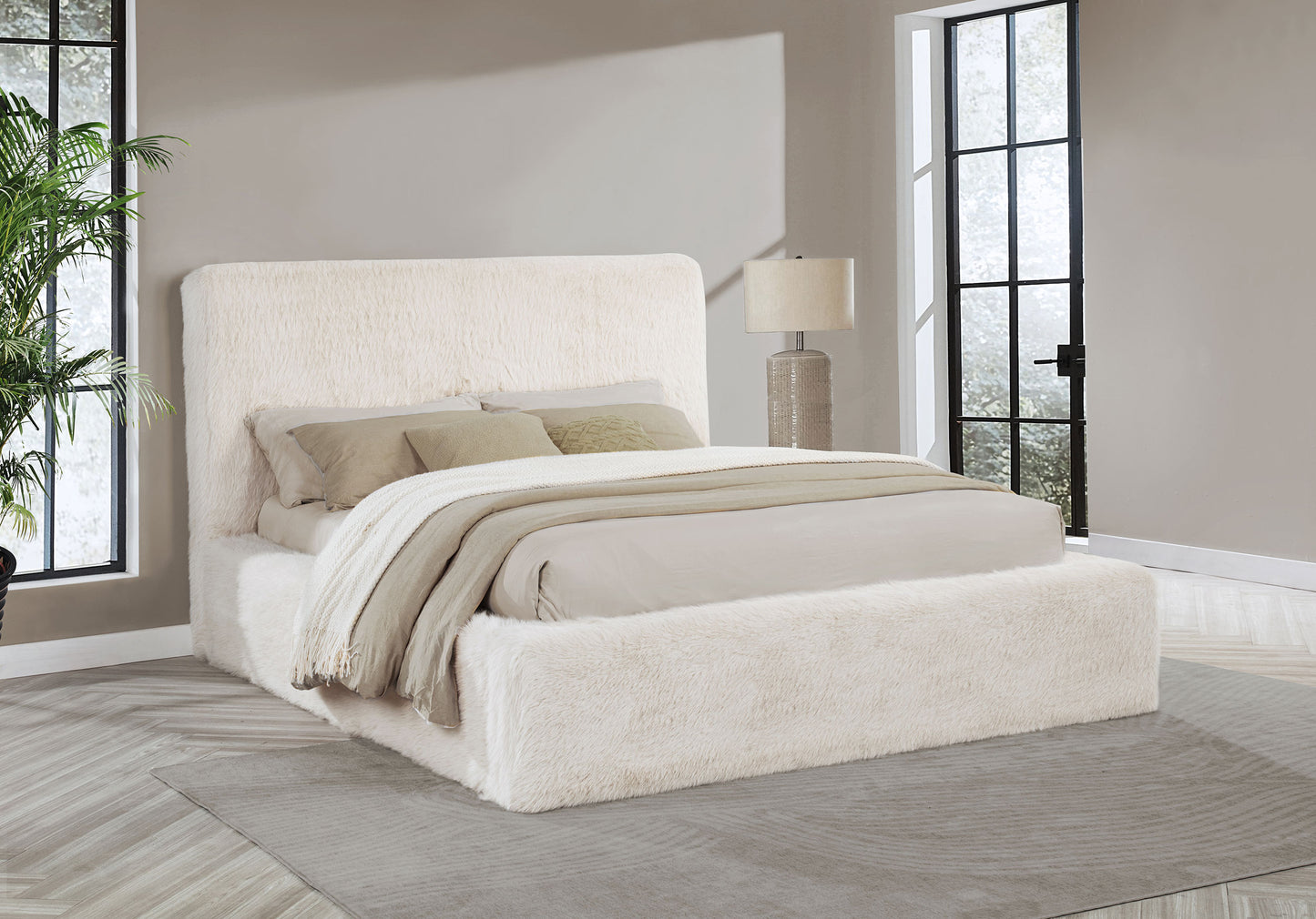 Rebecca Faux Fur Upholstered Eastern King Bed Cream