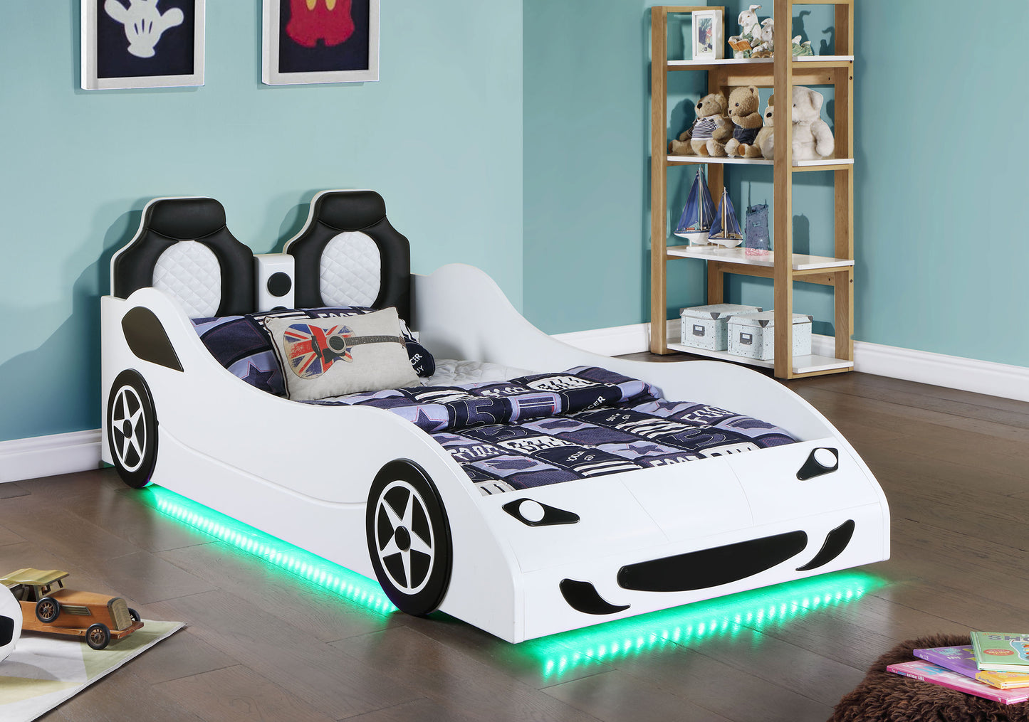 Cruiser Wood Twin LED Race Car Bed and 7-inch Mattress White