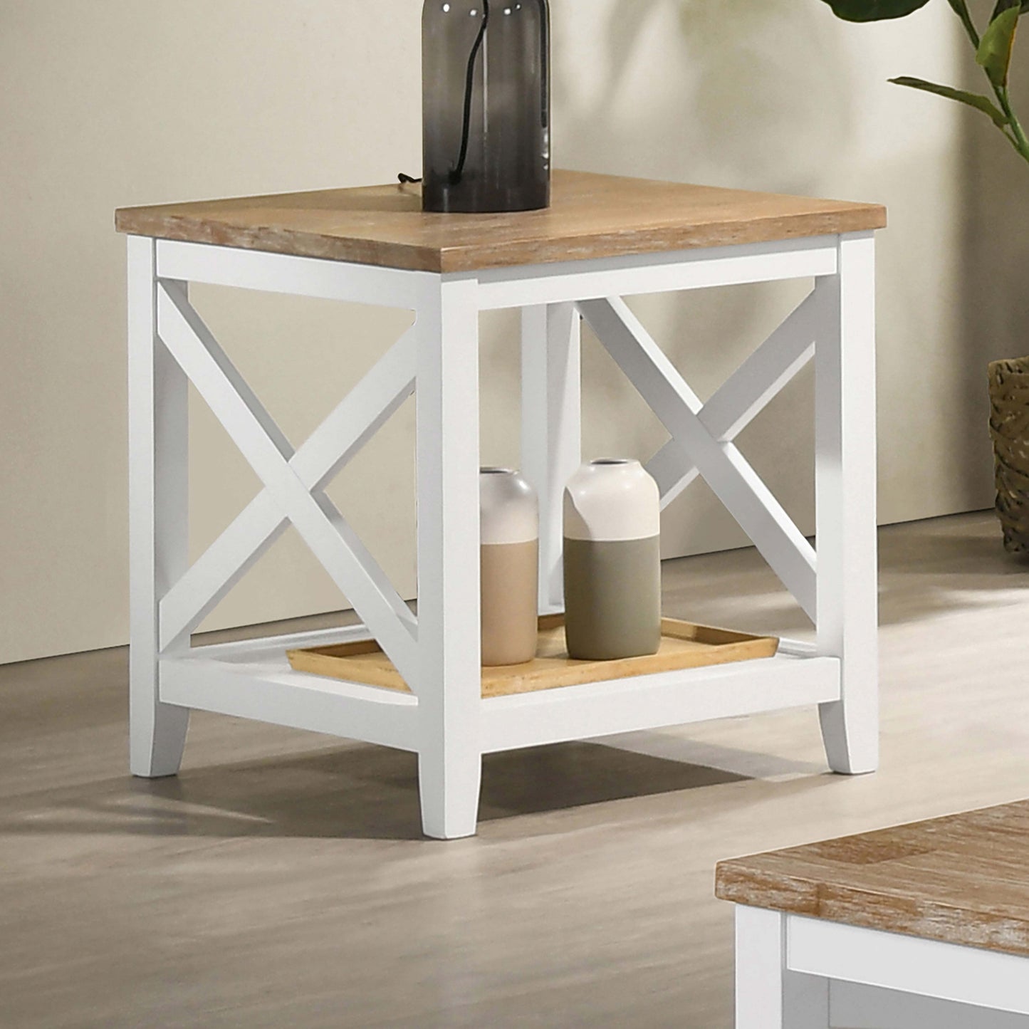 Hollis Square Wood End Table With Shelf Brown and White