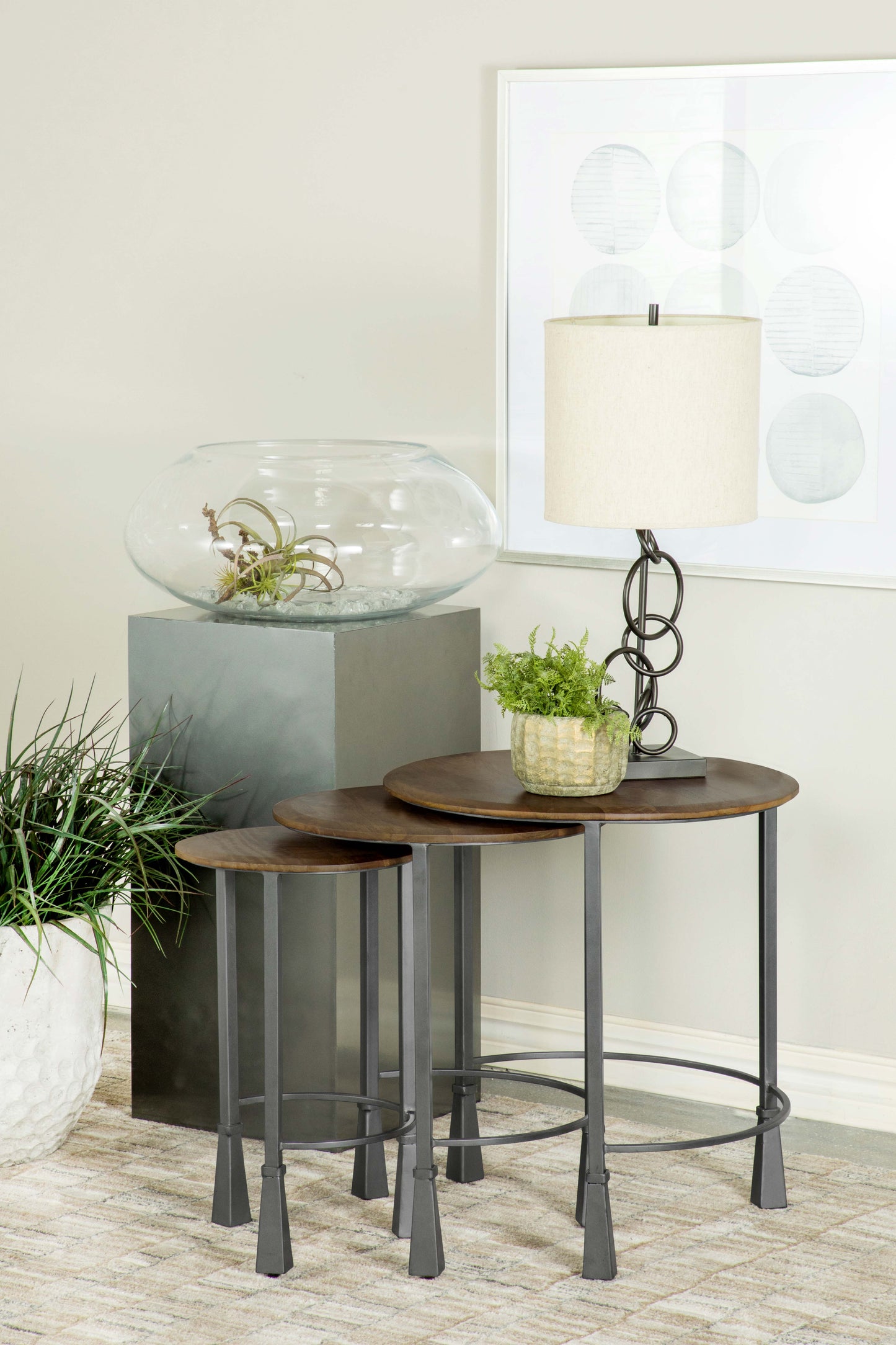 Deja 3-piece Round Nesting Table Set Natural and Gunmetal